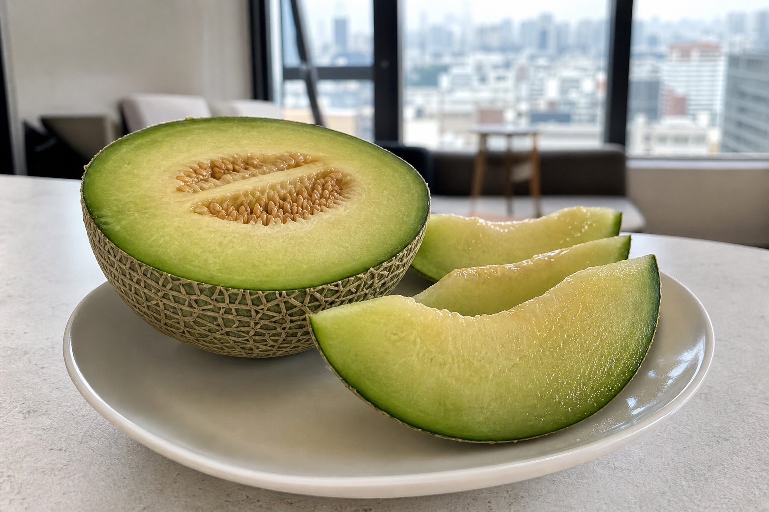 日本圓形網紋蜜瓜切開後的淡青色果肉